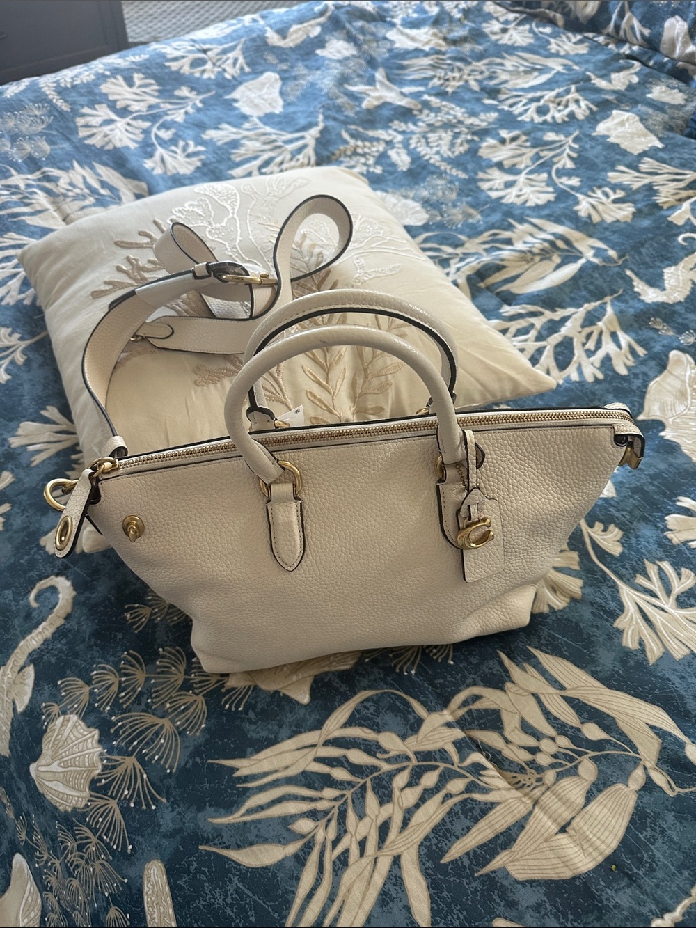 Cream Leather Top-Handle Women's Bag with Gold Hardware
